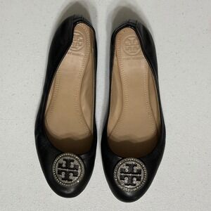 Tory Burch Liana Black Leather Rhinestone Logo Jeweled Medallion Ballet Flats 6M